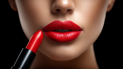 Woman applying bright red lipstick with glossy finish. Makeup demonstration in clean, minimalistic setting with dark background. Concept of cosmetics, beauty industry, makeup artists