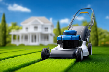 Fototapeta premium Lawn mower stands on freshly cut green grass showcasing neat stripes. Background features white house with trees under clear blue sky. Concept of landscaping, home improvement, gardening