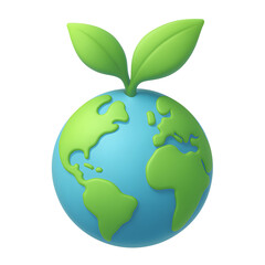 3d cartoon earth with green leaves isolated on transparent background