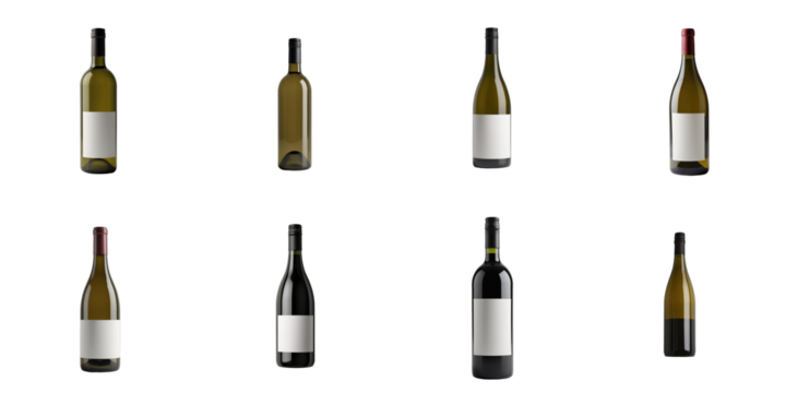 Collection of wine bottles with blank labels presented in an isolated arrangement on a transparent background showcasing various styles and colors of bottles.