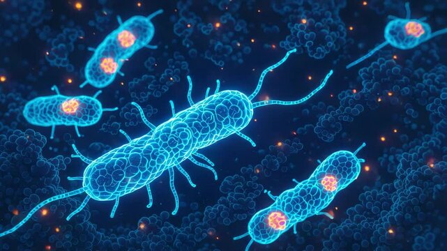 Helicobacter pylori concept ,Glowing Blue Bacteria Microscopic Science Journey into Cellular Structures and Microorganism Biology