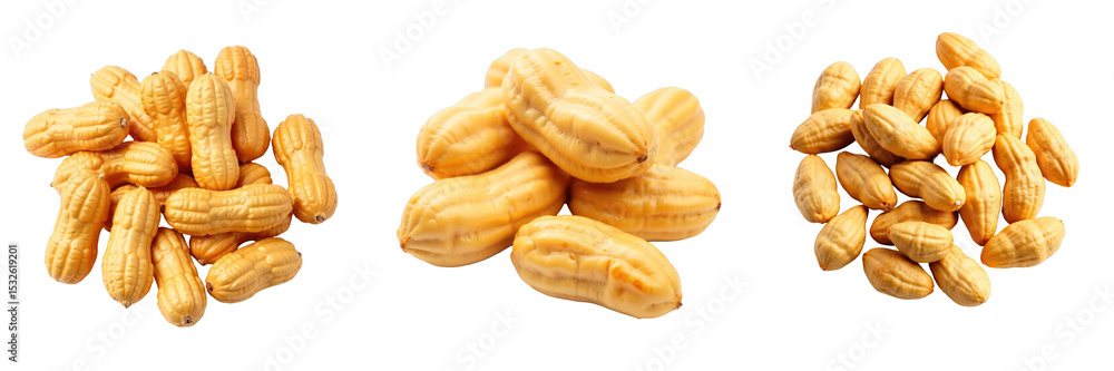Poster roasted tiger peanuts arranged in three distinct piles isolated on a transparent background displayi