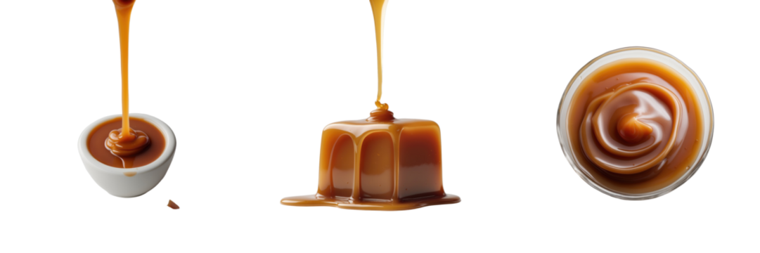 liquid caramel in three different forms including pouring from a bowl a molded shape and a swirl in a dish each presented on a transparent background with transparent sections