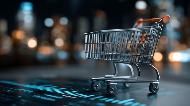 Shopping cart on digital graph background symbolizes e commerce and market trends