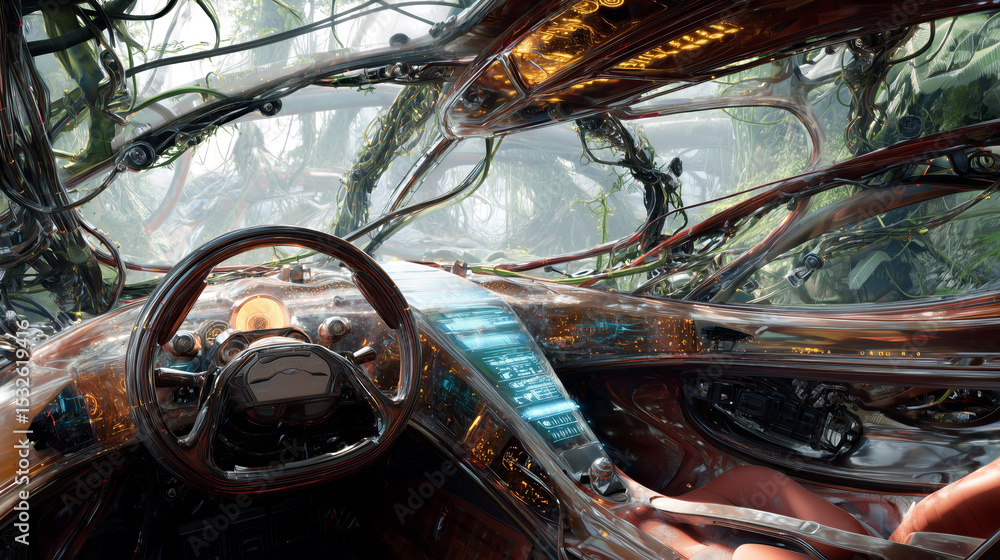 Poster engineered vehicle interior showcasing advanced biotissue integration generative ai. high quality il