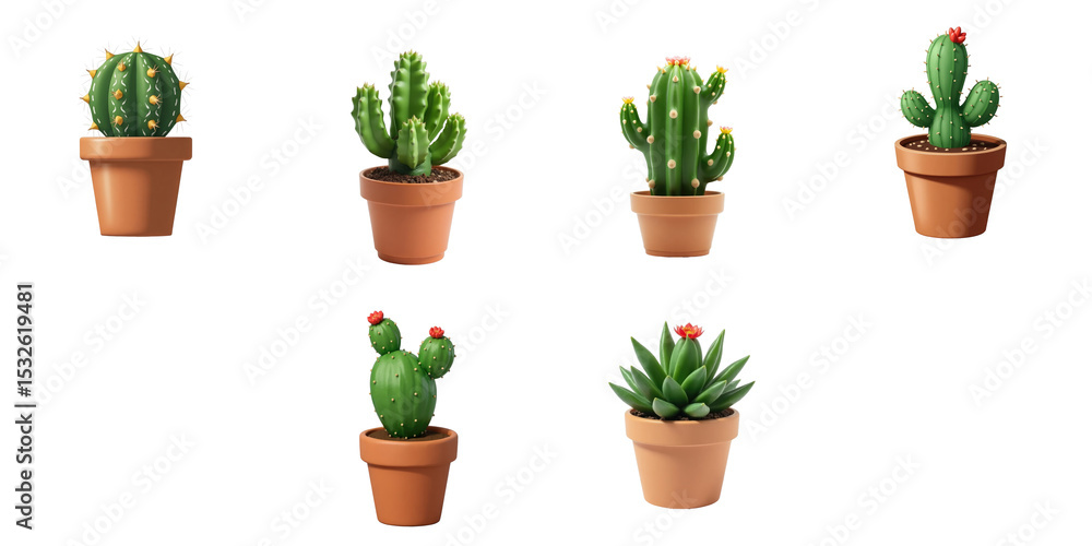 Poster collection of various cacti in terracotta pots isolated on transparent background featuring differen
