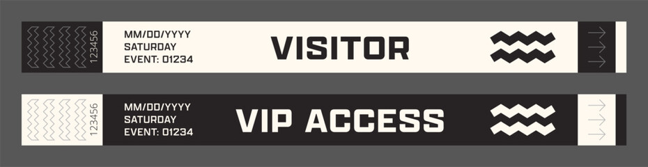 Wristbands for access control. Vector template for events, parties, fan zones, staff, VIP areas, and more.