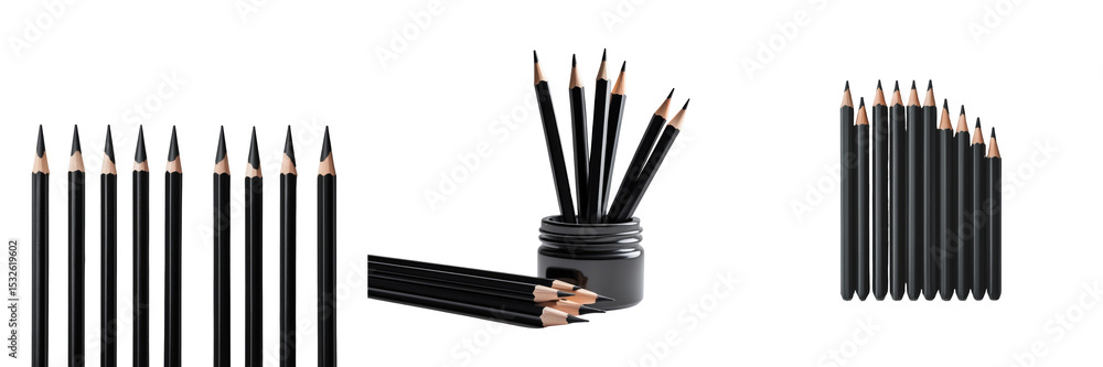 Poster transparent colored pencils arranged in various positions with one set in a container on a transpare