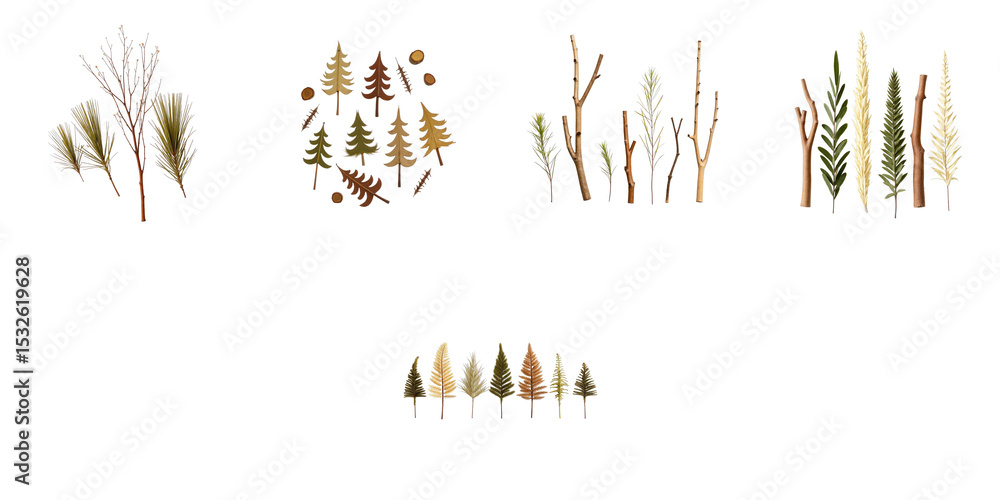 Poster collection of isolated abstract images featuring cut trees, tree needles, and branches arranged on a