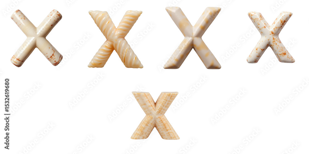 Poster isolated collection of six letter x shapes made from seashells with various textures and colors on a