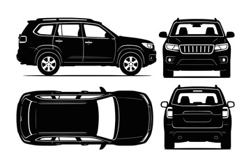 Fototapeta premium Elegant Black SUV: Multiple Views - Side, Top, Front, Back. Detailed vector silhouette illustration