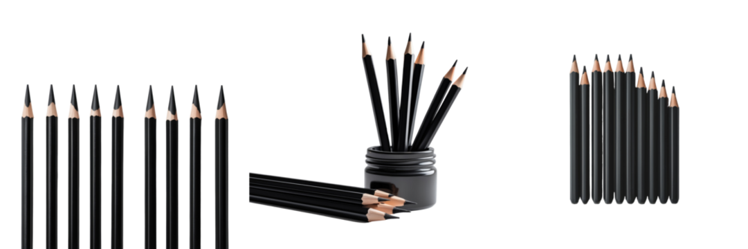 transparent colored pencils arranged in various positions with one set in a container on a transparent background highlighting isolation and clarity of design elements.