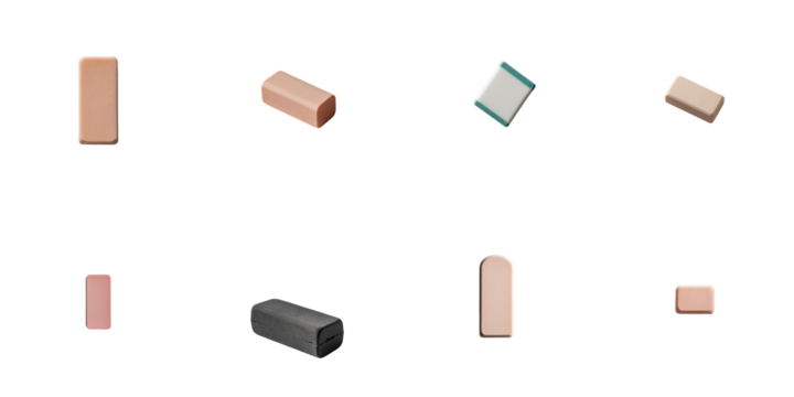 Assorted erasers in various shapes and sizes isolated on a transparent background displaying a range of colors and styles for creative applications. - Powered by Adobe