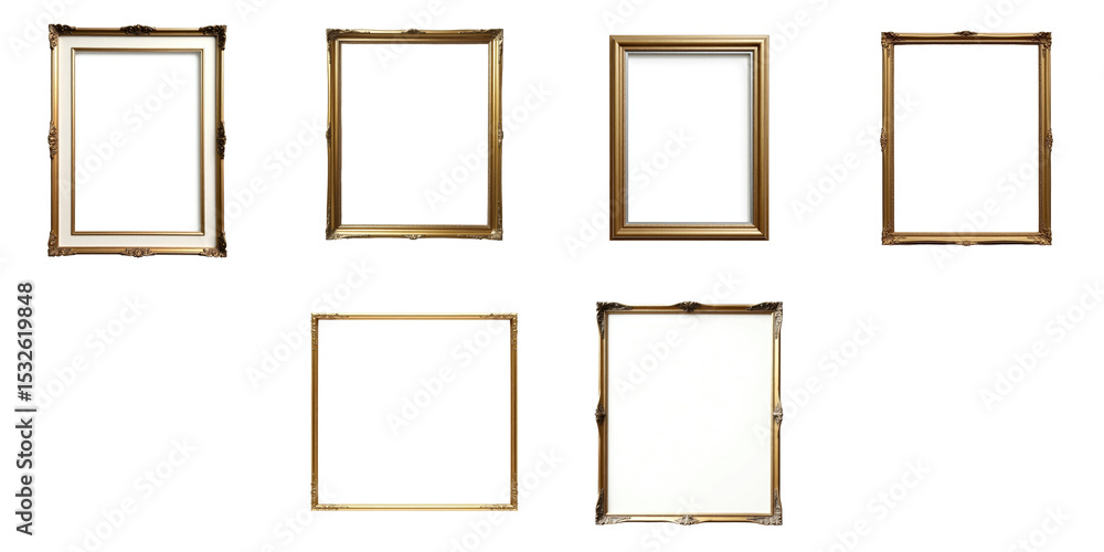 Poster set of vintage gold and silver picture frames in various shapes and sizes isolated on a transparent 