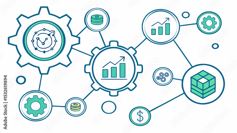 Poster schematic diagram of business processes connected by lines showing growth and financial elements in 