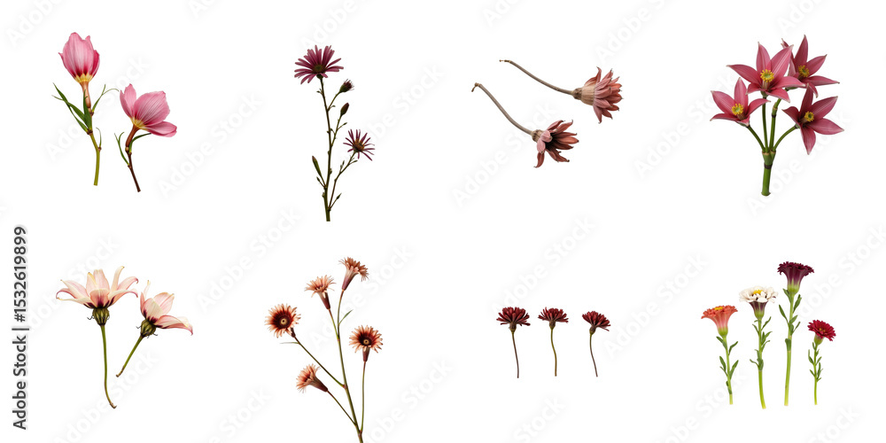 Poster dried and wilted flowers in various arrangements isolated on a transparent background featuring a mi
