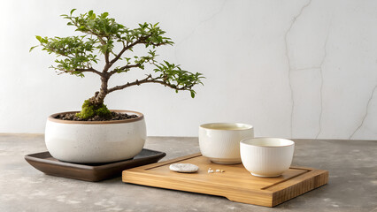 Minimalist composition with a bonsai tree and ceramic bowls arranged on the left side of a clean white surface, leaving empty copy space on the right. Ideal for product mockups, branding, and interior