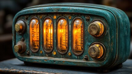 Vintage teal radio with warm glowing tubes.