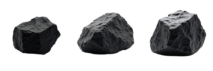 Obraz premium three distinct lumps of natural hard coal with different shapes and textures isolated on transparent background in high detail lighting