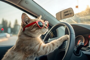 Cool cat driving a car wearing red sunglasses
