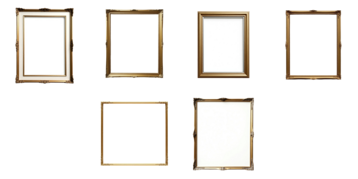 Set of vintage gold and silver picture frames in various shapes and sizes isolated on a transparent background for versatile design applications