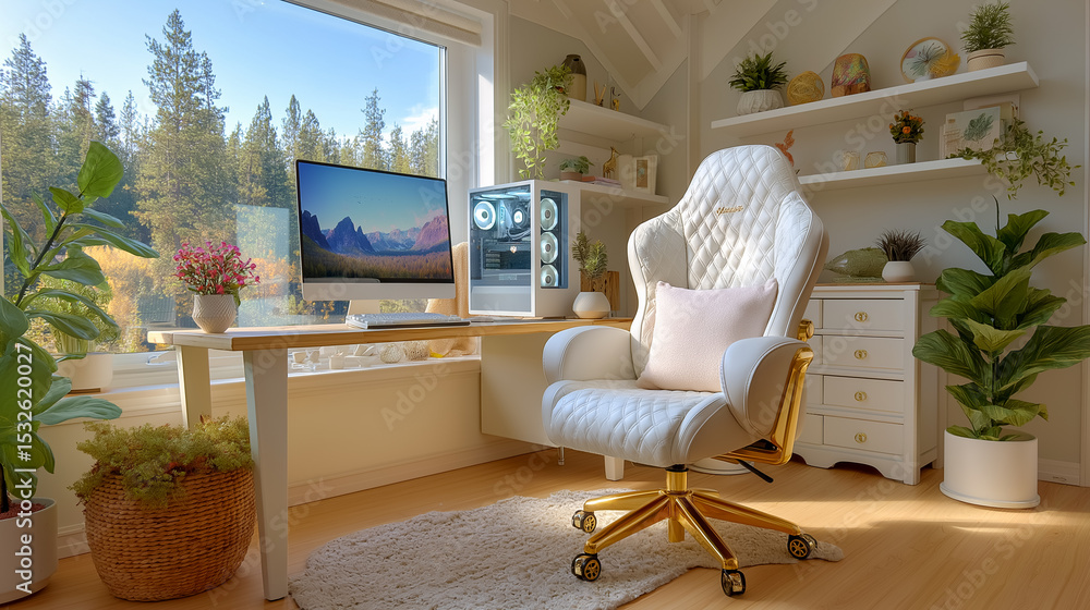 Poster stylish modern workspace with white chair and large computer screen. sunlight streams through window