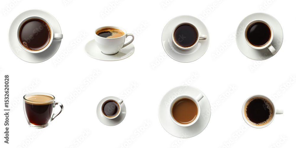 Poster variety of coffee cups with different drink types arranged on a transparent background featuring mul