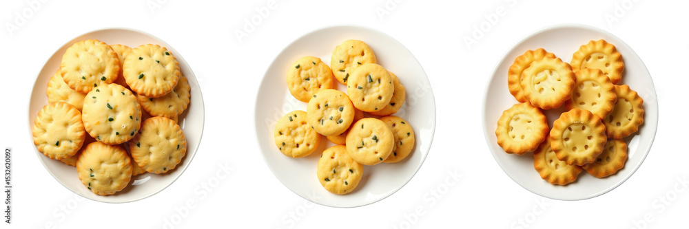 Poster assorted vegetable flavored salted biscuits arranged in three white plates viewed from above on a tr