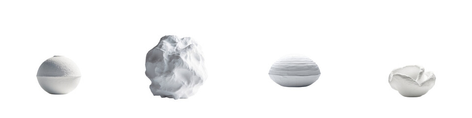 various 3D white abstract shapes presenting different textures and forms isolated on a transparent background for use in design or art applications