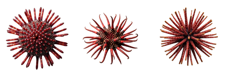 Three red sea urchins displayed from multiple angles on a transparent background highlighting their unique spines and textures in intricate detail