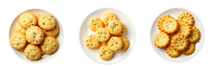 Assorted vegetable flavored salted biscuits arranged in three white plates viewed from above on a transparent background isolated on transparent
