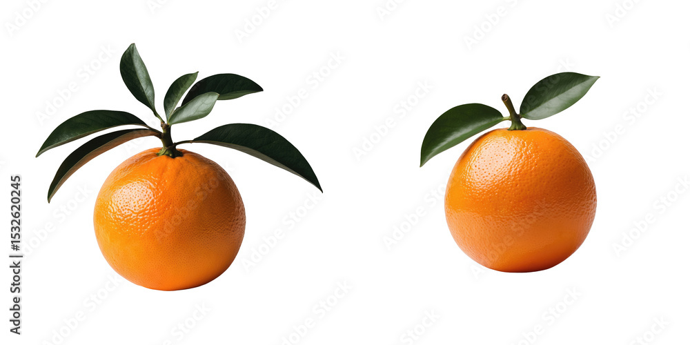Poster fresh ripe oranges with green leaves displayed separately on a transparent background showcasing the