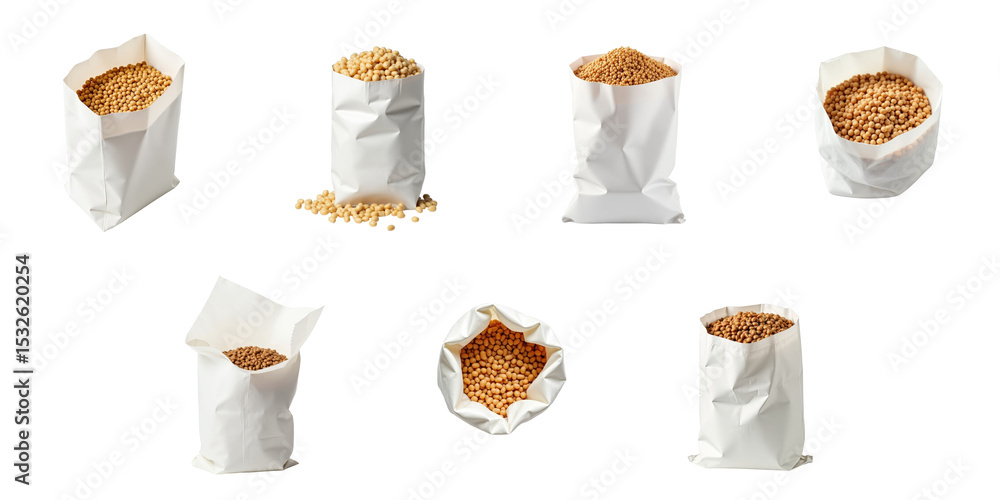 Poster assorted views of dry uncooked lentils in white paper bags with varying levels of contents isolated 