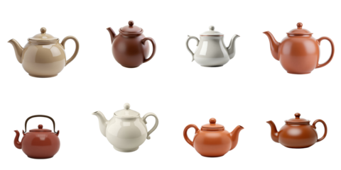 collection of eight teapots in various colors and designs on a transparent background arranged in two rows showcasing unique shapes and features
