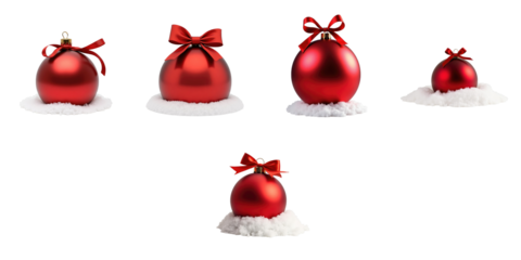 Set of red Christmas ornaments with bows placed on snow mounds, isolated on a transparent background for versatile holiday-themed designs.