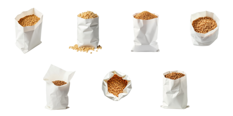 Assorted views of dry uncooked lentils in white paper bags with varying levels of contents isolated on a transparent background showing different perspectives and arrangements of the bags.