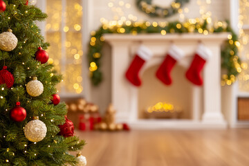 Christmas tree adorned with red and gold ornaments next to fireplace decorated with stockings. Cozy living room ambiance filled with warm lights creating festive atmosphere