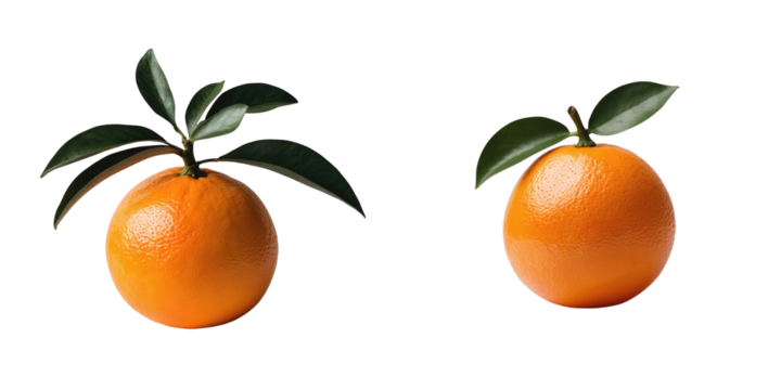 Fresh ripe oranges with green leaves displayed separately on a transparent background showcasing their vibrant orange color and smooth texture.