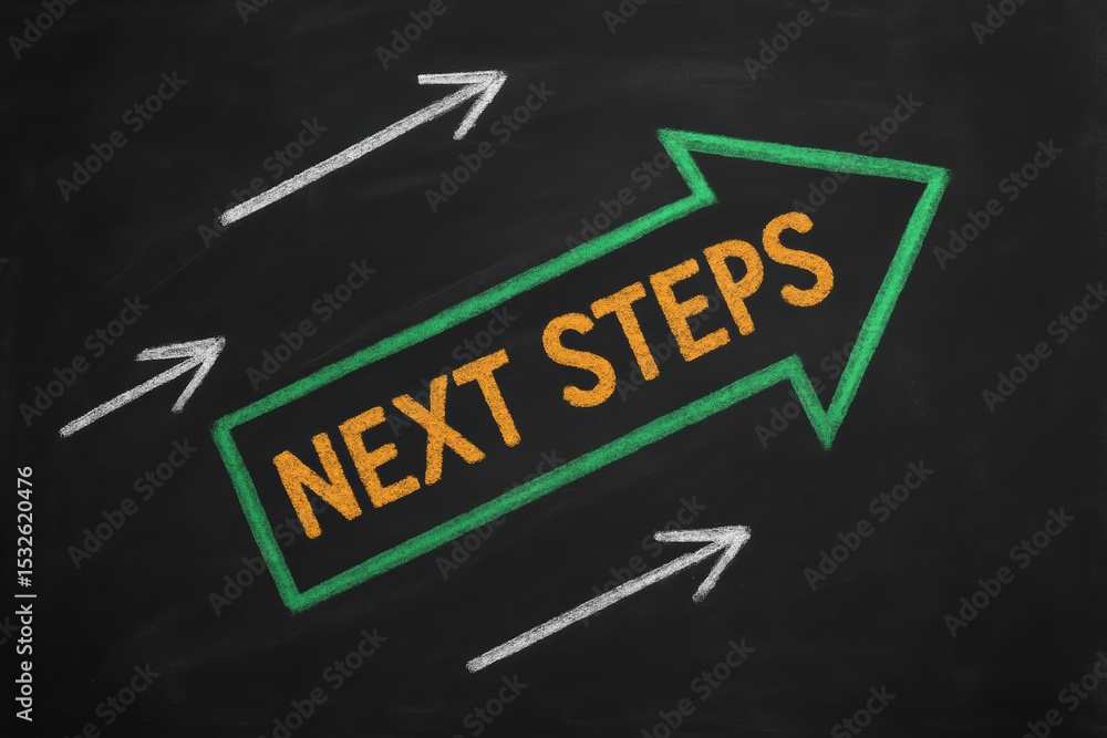 Poster progress and strategy are illustrated by a green arrow on a textured chalkboard emphasizing directio