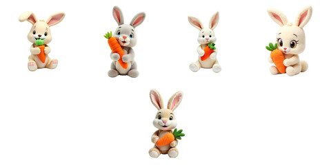Five cute stuffed rabbit characters holding carrots in various poses on a transparent background, featuring different designs and expressions, ideal for children's themes and illustrations.