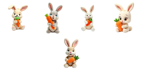 Five cute stuffed rabbit characters holding carrots in various poses on a transparent background, featuring different designs and expressions, ideal for children's themes and illustrations.