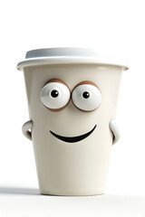 Cartoon coffee cup character with large eyes and a smiling face, showcasing a playful design, ideal for branding and marketing purposes in a fun and engaging way