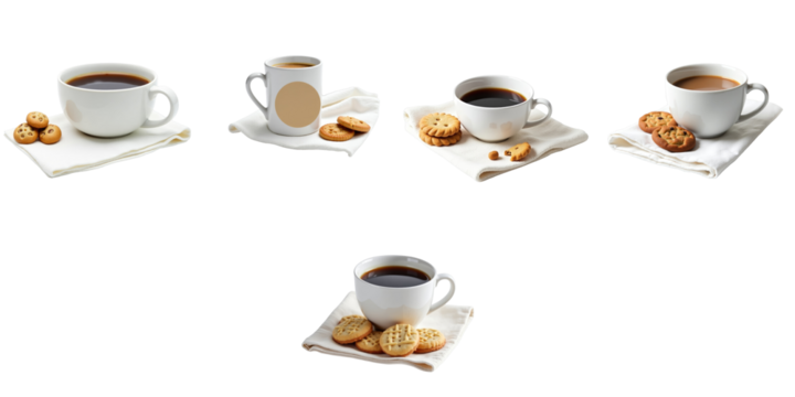 Collection of five white porcelain cups filled with coffee accompanied by cookies arranged on napkins isolated on a transparent background with space for text