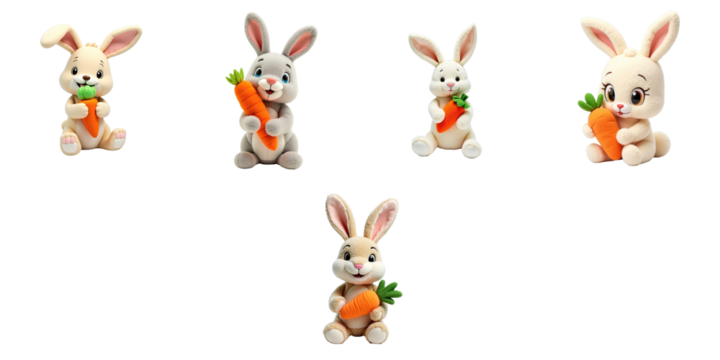 Five cute stuffed rabbit characters holding carrots in various poses on a transparent background, featuring different designs and expressions, ideal for children's themes and illustrations.