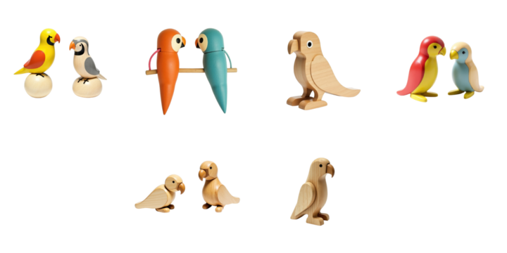 Wooden parrot toys arranged in various playful poses on a transparent background, featuring vibrant colors and intricate designs showcasing multiple bird characters in different styles.