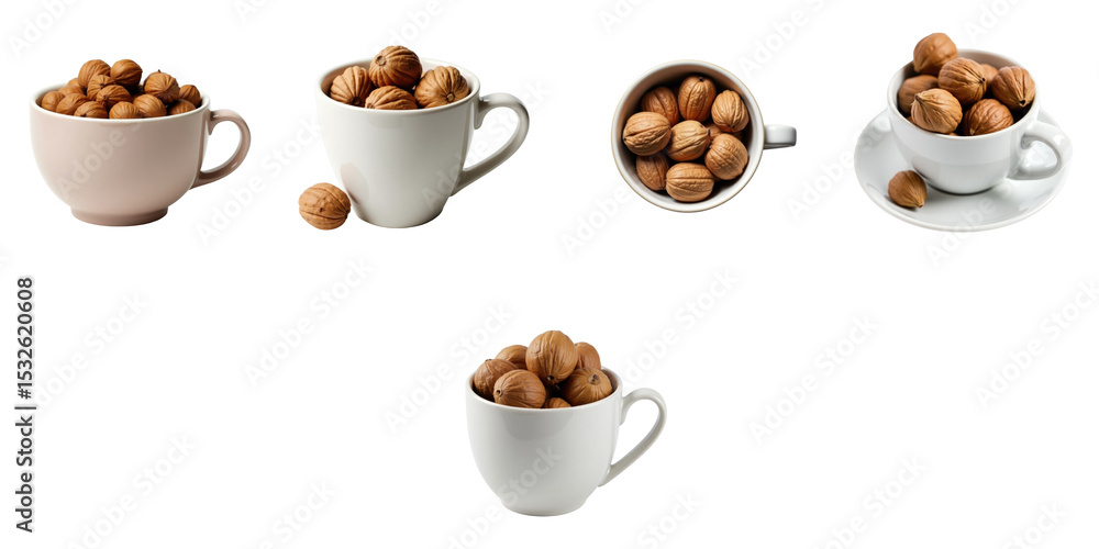 Poster various coffee cups filled with walnuts isolated on a transparent background highlighting different 