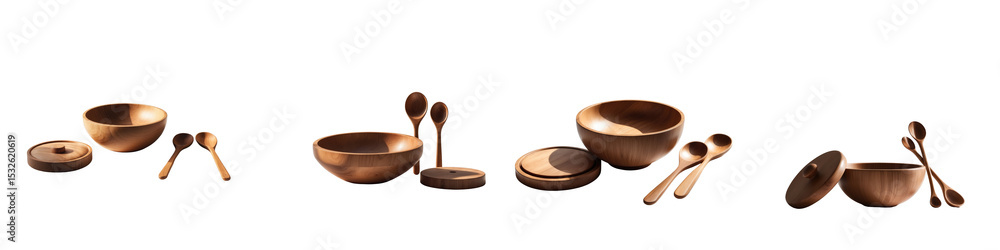 Poster wooden bowls and spoons arranged on a transparent background showcasing various angles and designs w