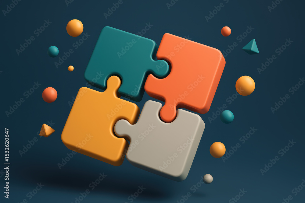 Aufkleber collaboration and integration come together as four interlocking puzzle pieces form a unified whole 