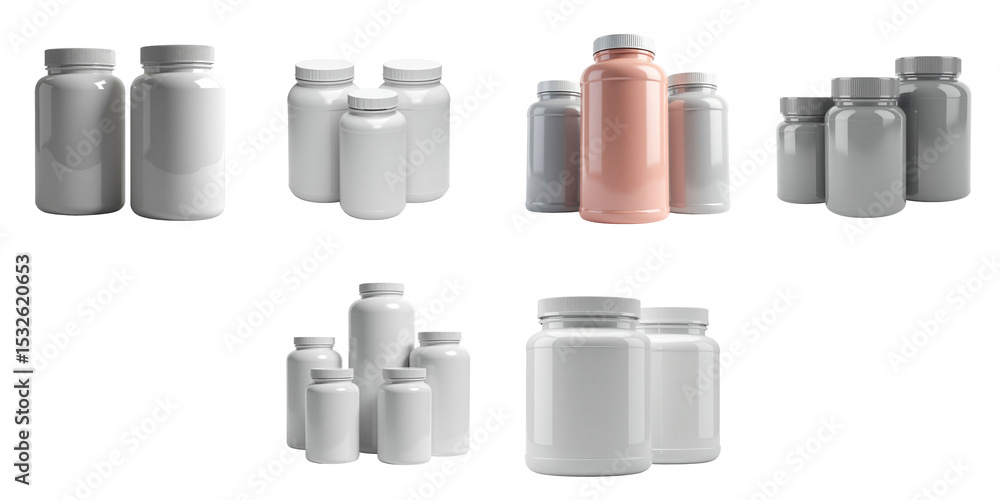 Poster collection of various plastic jars for supplements in different sizes and shapes isolated on a trans