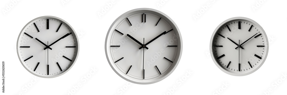 Poster set of three modern wall clocks with white faces and transparent hour and minute hands displayed on 
